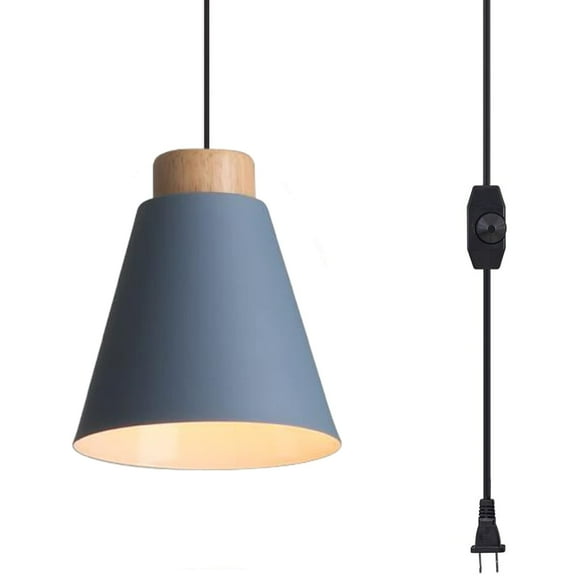 Kiven Plug in Pendant Light,Modern Hanging Light Fixture with Plug in Cord and On/Off Dimmer Switch,Blue Iron Lampshade for Dining Room Bedroom Foyer Hallway Kitchen Island E26 Socket