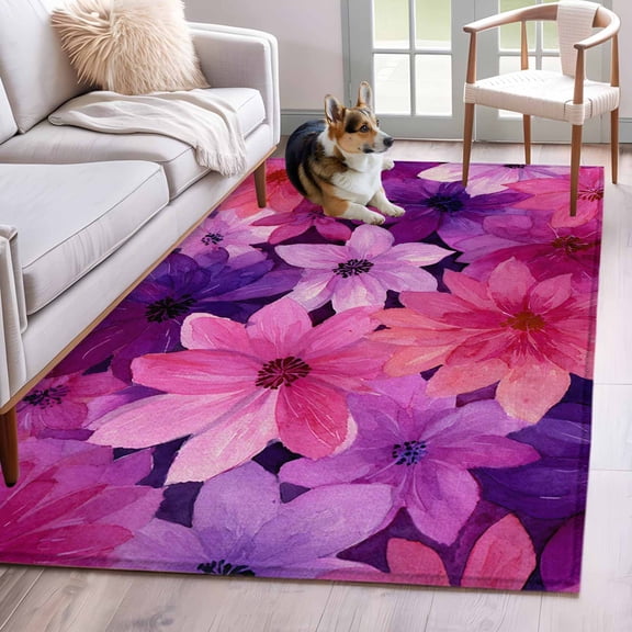 Area Rugs for Living Room Bedroom, Watercolor Flowers 4'x6' Rug Washable Carpet Runner Indoor Outdoor, Spring Floral Vintage Pink Purple Non Slip Accent Floor Mats Rug for Kitchen, Office