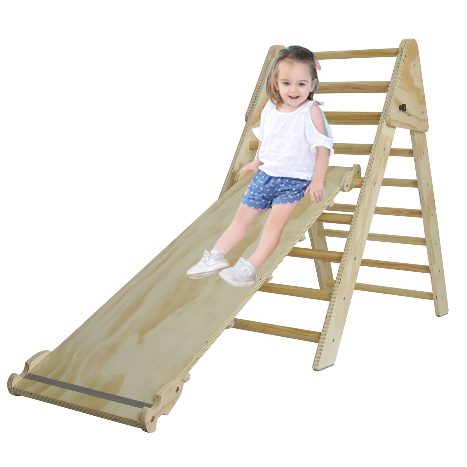 Natural Wood Pikler Triangle Ladder with Ramp & Slide, Foldable 2-in-1 Wooden Climbing Play Gym, Montessori Climber for Toddlers Kids Ages 1-7