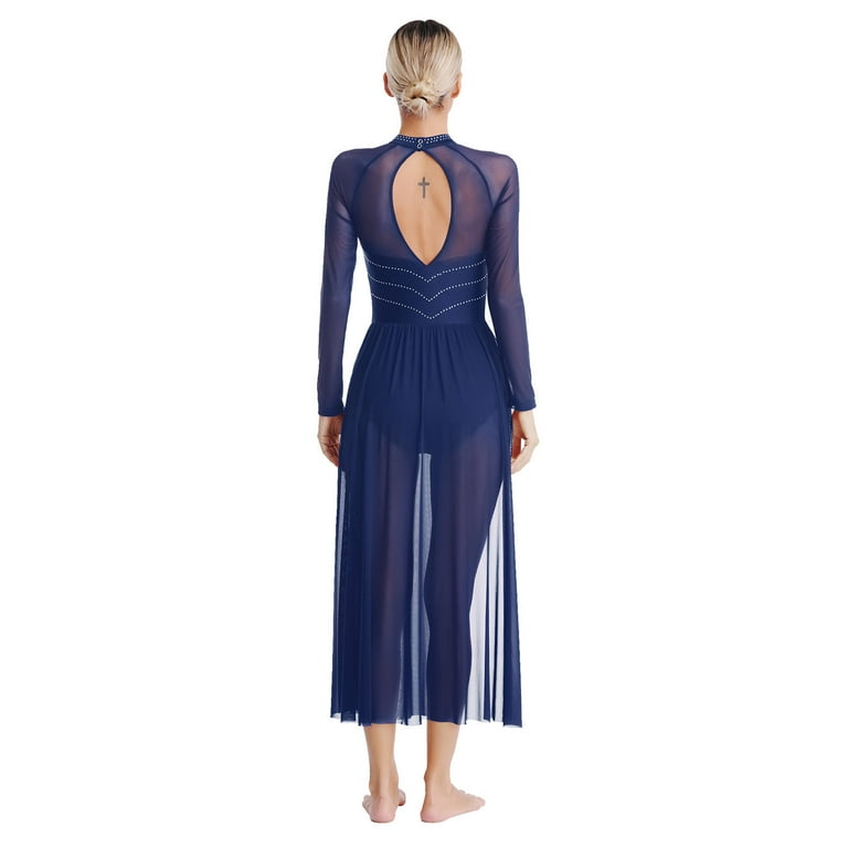 Alvivi Women's Lyrical Dance Costume Rhinestone Split Sleeved Modern Contemporary Dance Long Dress Navy Blue M, Size: Medium