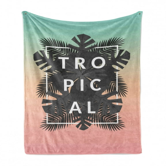 Exotic Soft Flannel Fleece Blanket, Tropical Calligraphy on Monstera Palm Leaves Hawaiian Island Summer, Cozy Plush for Indoor and Outdoor Use, 70" x 90", Taupe Grey and Multicolor, by Ambesonne