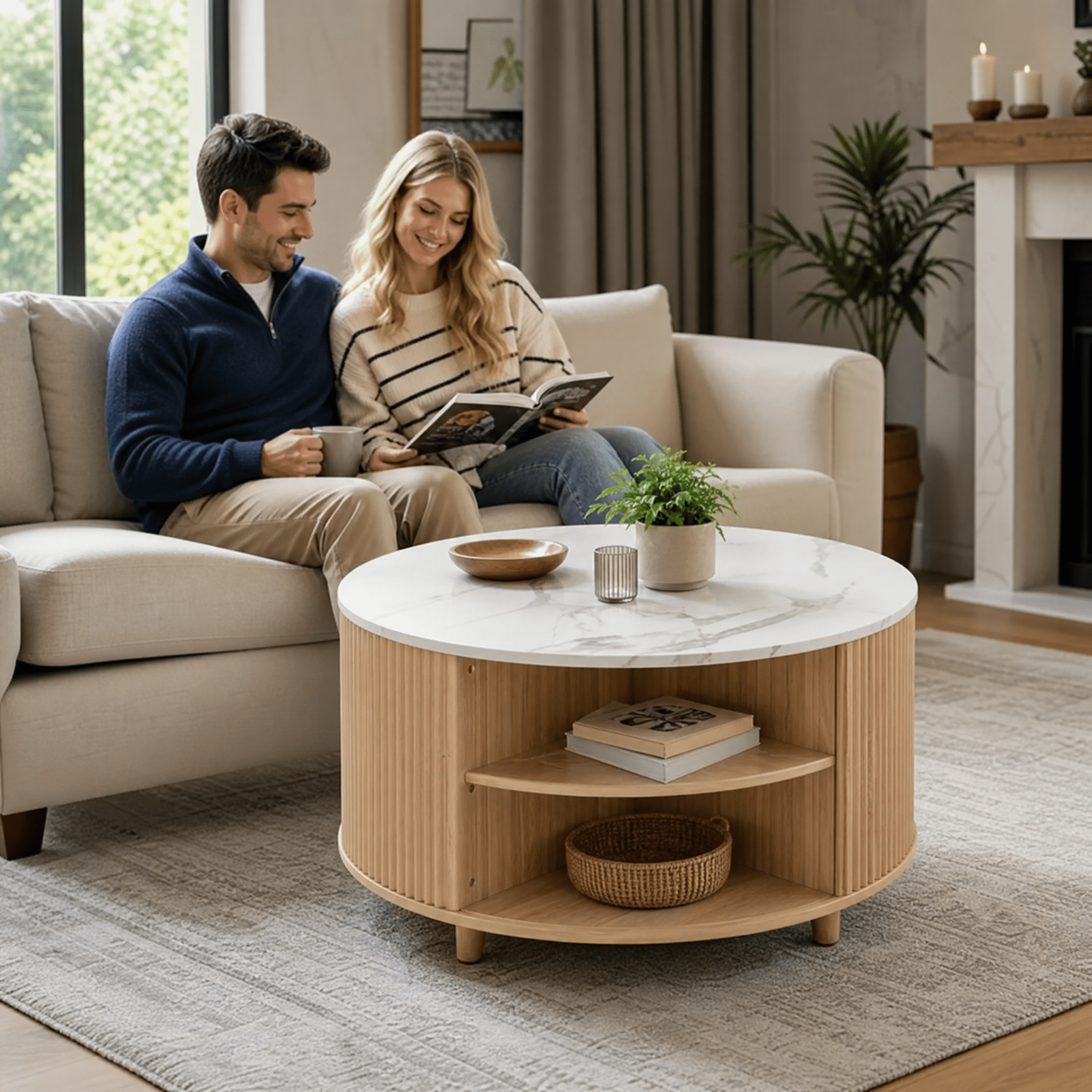 Fluted Round Storage Coffee Table, Mid-Century Modern Center Table with Marble Veneer Top, Sliding Shutter Door & Flip-Top Hidden Storage for Living Room Japandi Farmhouse Home