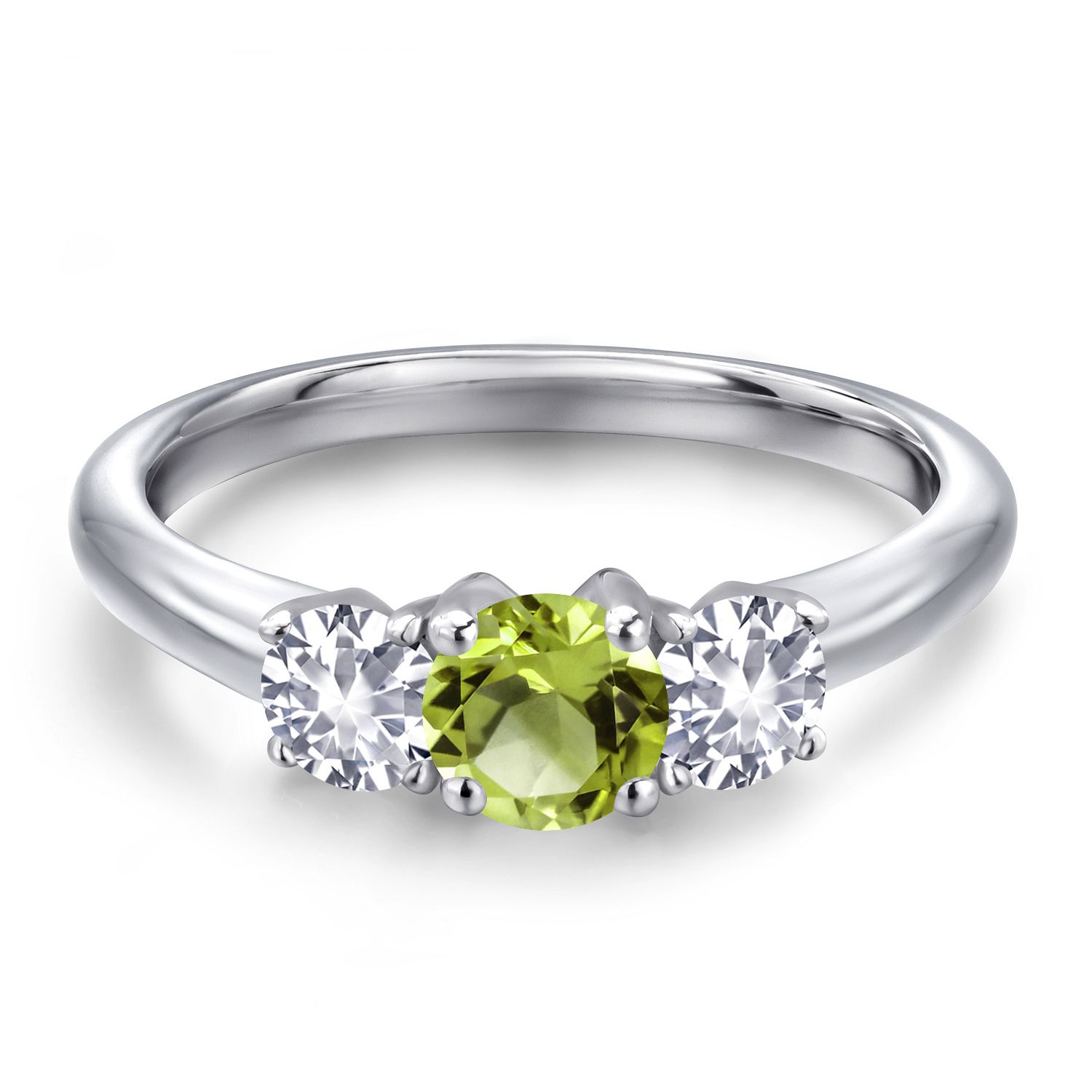 Gem Stone King 925 Sterling Silver Green Peridot and White Created Sapphire Engagement Ring for Women | 1.05 Cttw | Round 5MM | Gemstone August Birthstone | Size 7