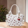 thumbnail image 3 of PU Leather Bucket Cherry Printed Crossbody Bag for Women Ladies Trendy Top-handle Bag Stylish Small Tote Handbag with Adjustable Removable Strap (White), 3 of 10