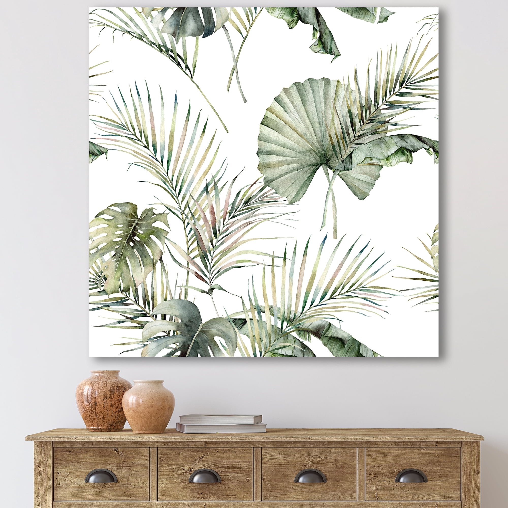 Designart ' Monstera and Coconut Leaves With Tropical Pattern ' Traditional Canvas Wall Art Print
