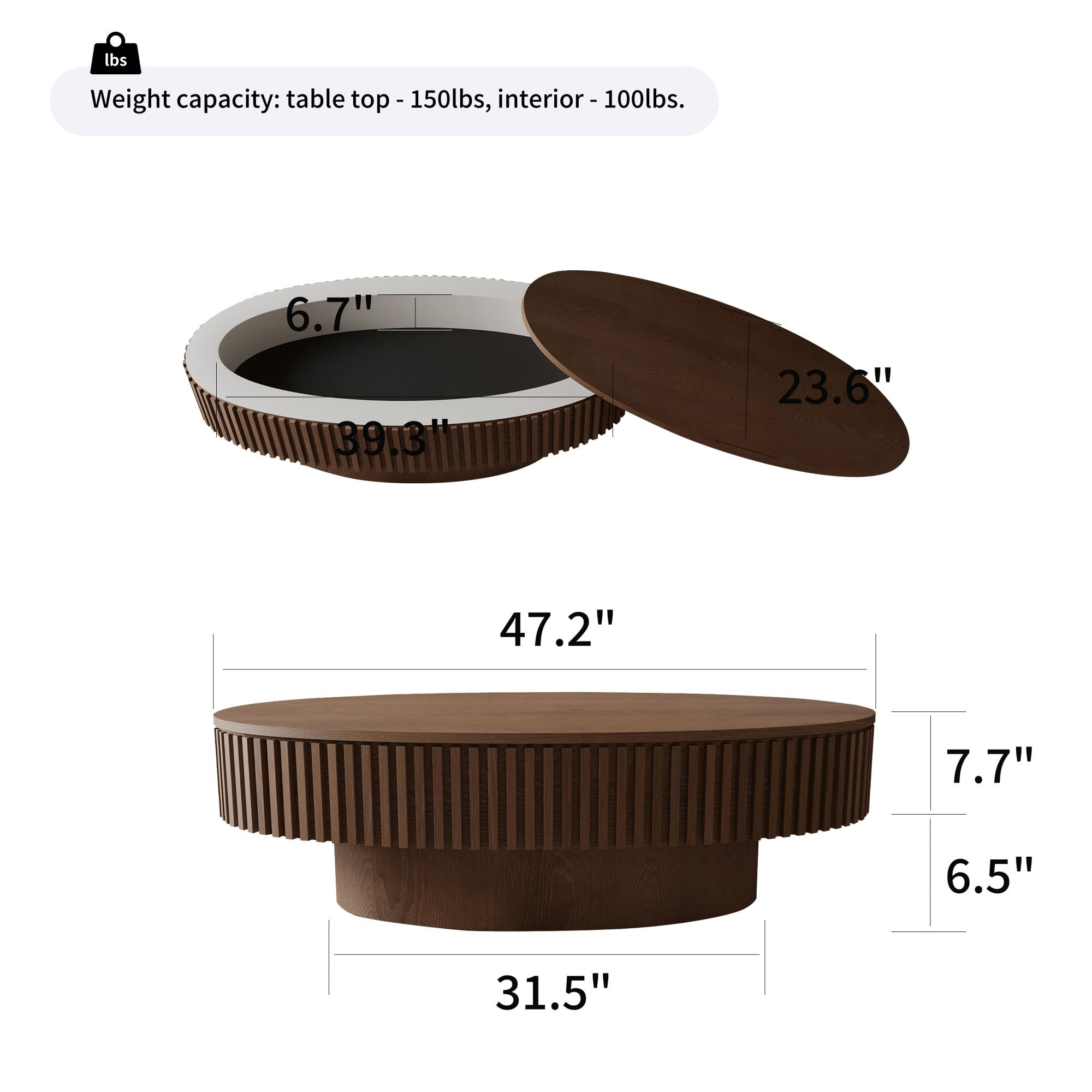 47" Oval Coffee Table with Storage, Fluted Modern Coffee Table with Hidden Storage, Wood Veneer Center Table for Living Room, Walnut