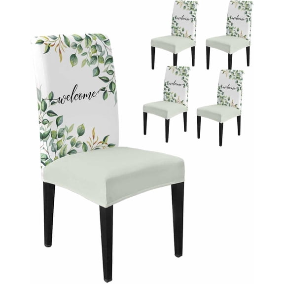 Chair Covers Set of 4, Watercolor Green Leaf on White Removable Stretchable Parsons Chair Slipcovers Protector for Kitchen Dining Room Welcome Quote
