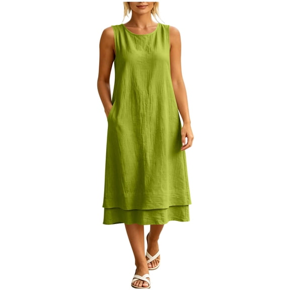 Eawtki Women's Round Neck Sleeveless Midi Dress Double Layer Hem With Pockets Loose Fit Casual Summer Linen Blend Dress