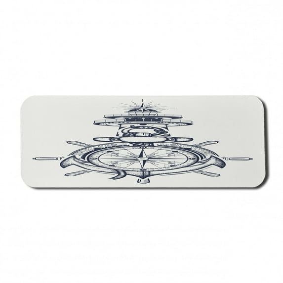 Nautical Computer Mouse Pad, Marine Composition of Anchor Steering Wheel Lighthouse and Compass, Rectangle Non-Slip Rubber Mousepad Large, 31" x 12" Gaming Size, Dark Night Blue Ivory, by Ambesonne