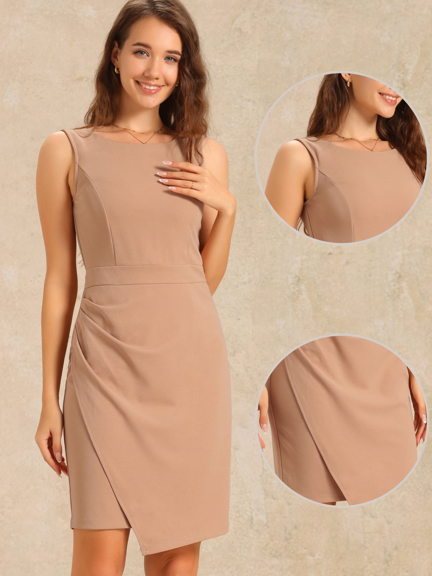 DARING DIVA Women's Boat Neck Sleeveless Ruched Pencil Dress XL Khaki