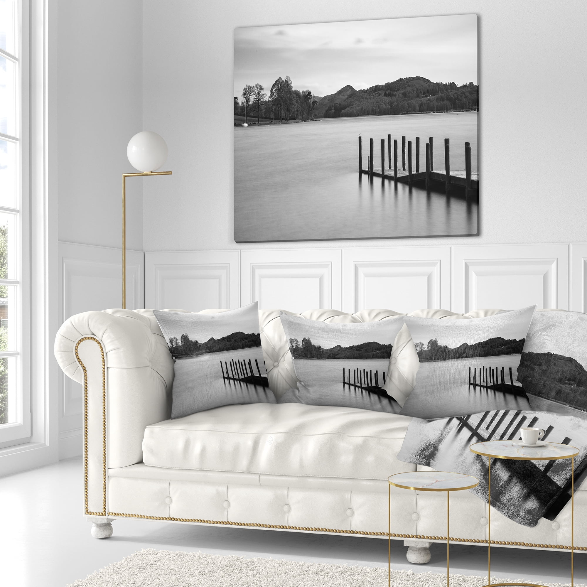 Designart Pier over Coniston Water Panorama - Wooden Sea Bridge Throw Pillow - 18x18