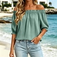 thumbnail image 7 of Tqcoqu Women's Solid Off Shoulder Ruffle Elastic 3/4 Puff Sleeve Blouse,Loose Flowy Summer Casual Pullover Top,Mint Green Women's S-XXL, 7 of 7