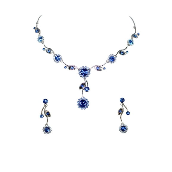 Faship Gorgeous Blue Rhinestone Crystal Floral Necklace Earrings Set