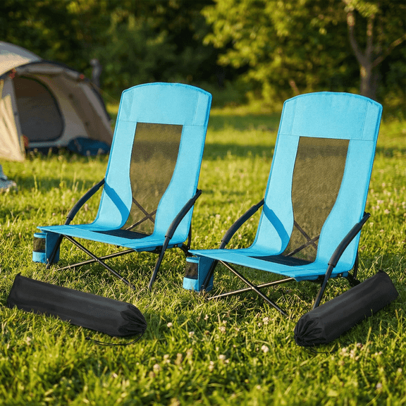 TLSUNNY 2 Pack Portable Folding Camping Chair, W/Storage Pocket & Carrying Bag, Mesh Breathable Back, Backpack Chair for Hiking Fishing Picnics Beach, 350 LBS