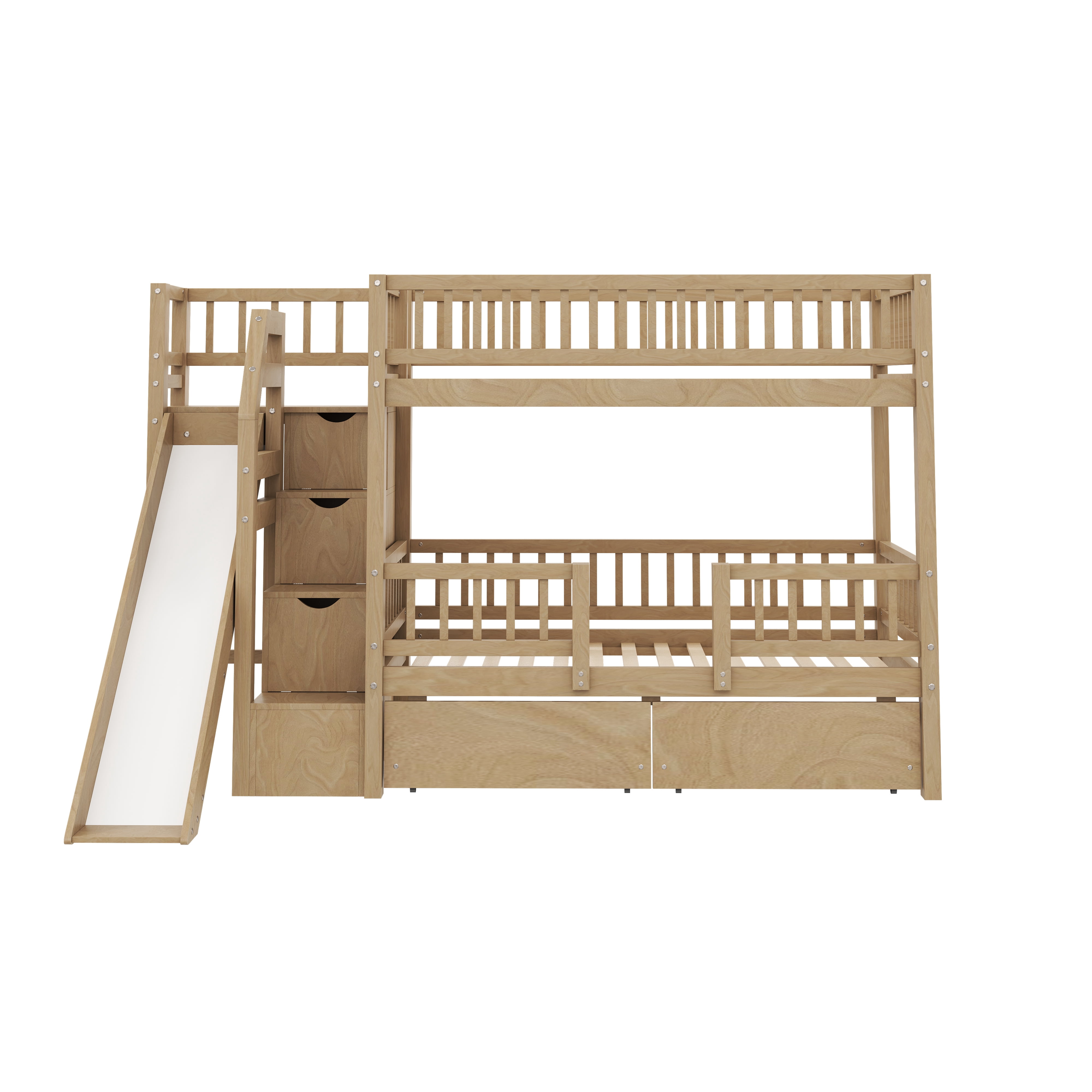 Euroco Twin over Twin Bunk Bed with Storage Staircase and Slide, Walnut