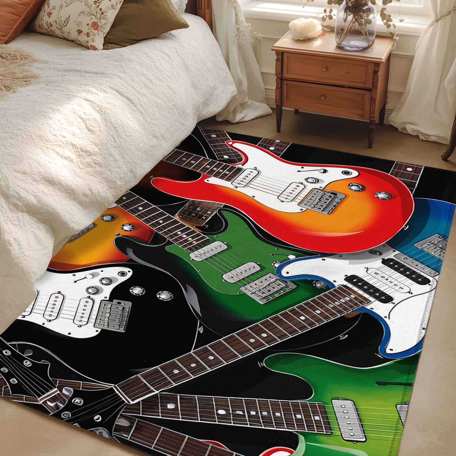 Area Rugs for Living Room Bedroom, Guitar 4'x6' Rug Washable Carpet Runner Indoor Outdoor, Cartoon Modern Colorful Guitars Non Slip Accent Floor Mats Rug for Kitchen, Office