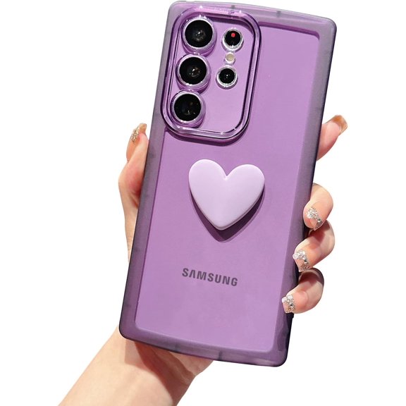 Compatible with Samsung Galaxy S23 Ultra Phone Case Women Cute 3D Love Heart Case Camera Lens Protection Soft Silicone Shockproof Clear Case for Galaxy S23 Ultra 5g 6.8 inch (Purple)