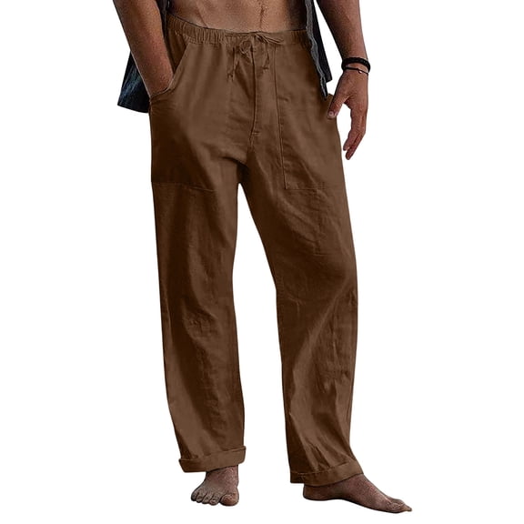 Domuza Mens Linen Pants Straight Leg Beach Pants Drawstring Elastic Waist Summer Stylish Trousers with Pockets Brown L
