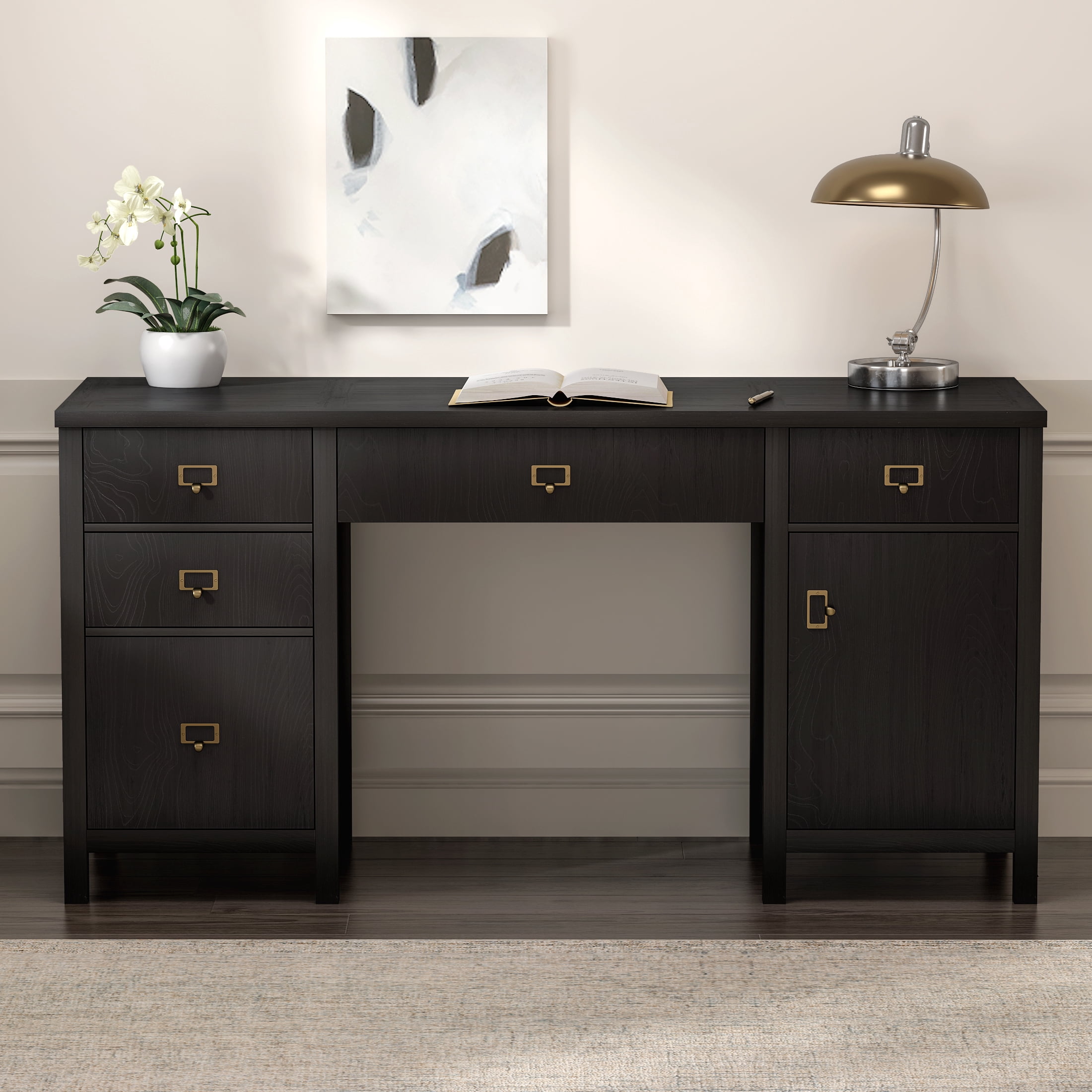 EYYTHUNG Black Executive Desk, 59" Modern Computer Desk with Charging Station Keyboard Tray, Black