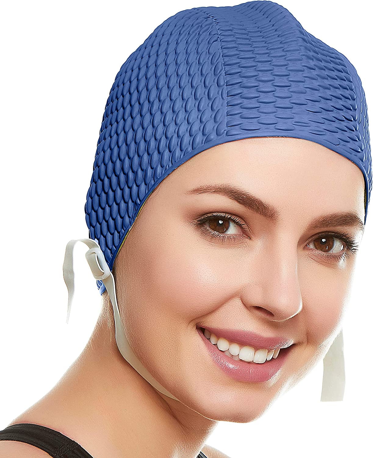 Beemo Swim Cap Women Chin Strap Bubble Crepe Latex Long Short Hair Swimming Caps Navy