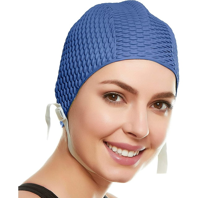 Beemo Swim Cap Women Chin Strap Bubble Crepe Latex Long Short Hair