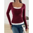 thumbnail image 6 of Lace Henley T-Shirts for Women Button Down Slim Fit Tops Long Sleeve V-Neck Tunic Top Blouse Wine Red S, 6 of 9