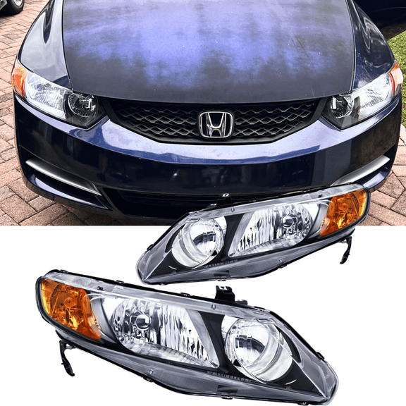 2006-2011 Civic Headlights (Amber) for 4-Door Sedans Only, Headlight Assembly and Headlamp Replacement for the Driver and Passenger Sides,Black Housing with Amber Reflector