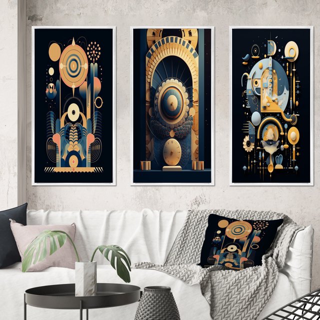 Designart "Geometry of Consciousness Contemporary Art I" Modern Geometric Framed Wall Art Set Of 3 - Gold Abstract Geometric Frame Gallery Wall Set For Home Decor