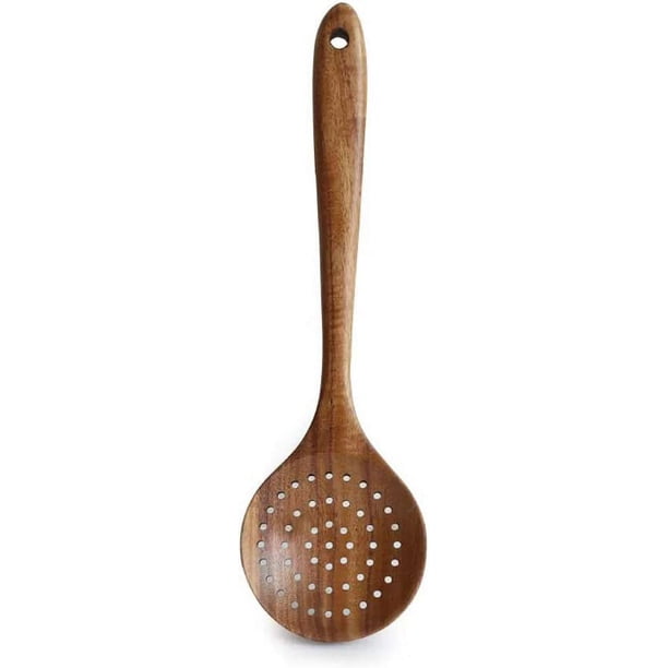 Zhuge Utensilios de cocina de teca, colador, cucharón, espumadera, utensilios de cocina, pala para sumergir arroz grande de madera con mango largo (11 x 3,15 pulgadas)