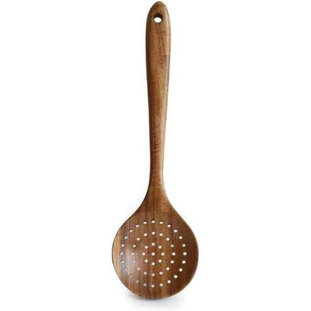 Zhuge Utensilios de cocina de teca, colador, cucharón, espumadera, utensilios de cocina, pala para sumergir arroz grande de madera con mango largo (11 x 3,15 pulgadas)