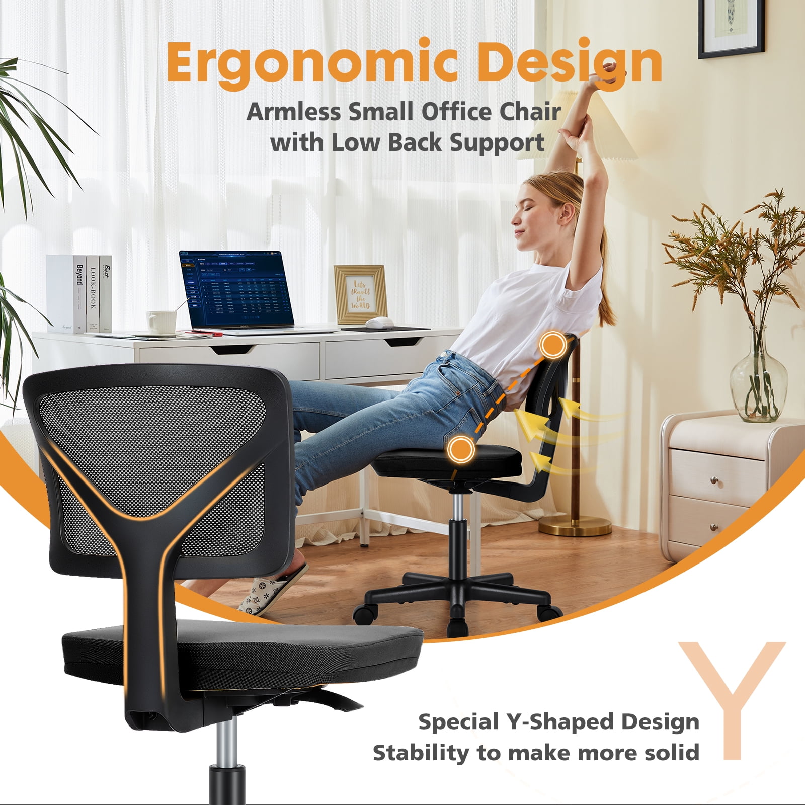 CONCETTA Ergonomic Home Office Mesh Desk Chair, Small Space, Armless Rolling Chair for Adults, Black