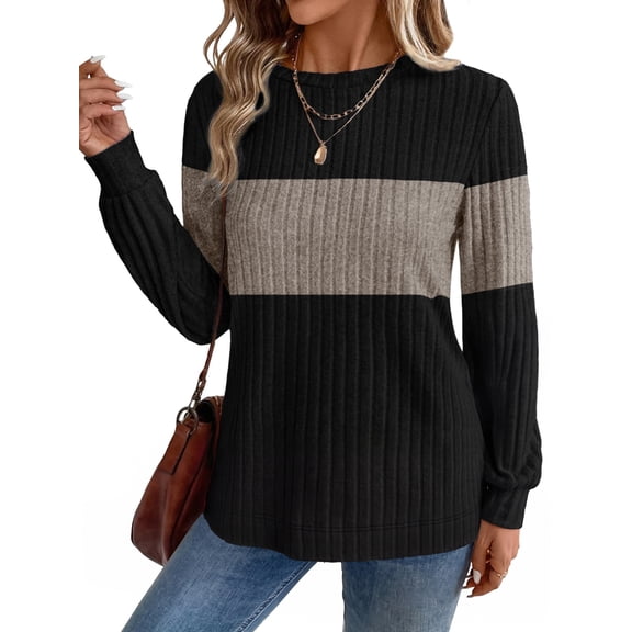 MOYIKO Long Sleeve Shirts for Women Casual Tunic Tops Color Block Crewneck Pullover Lightweight Sweaters
