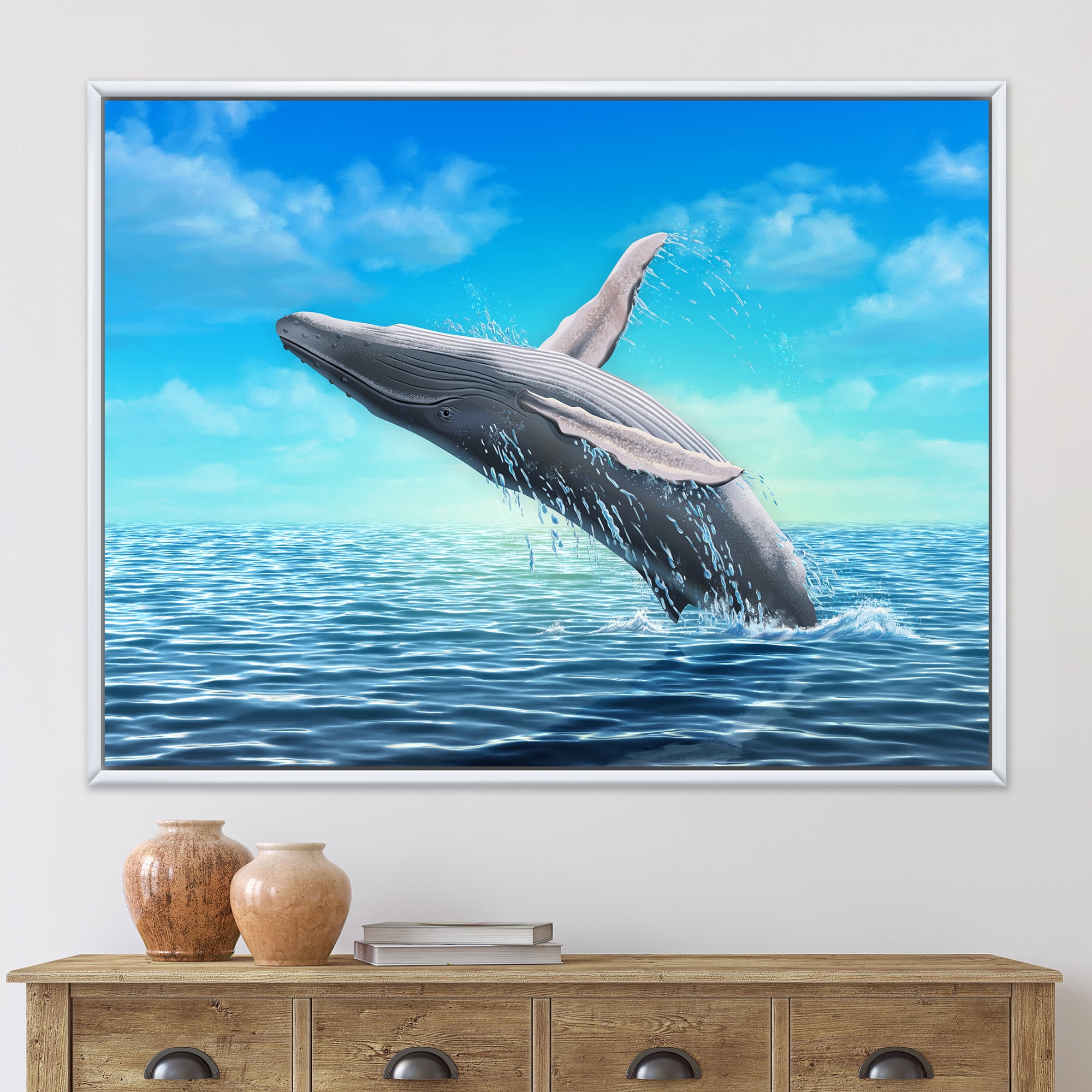 Designart 'Humpback Whale Jumping Out of Sea' Farmhouse Framed Canvas Wall Art Print