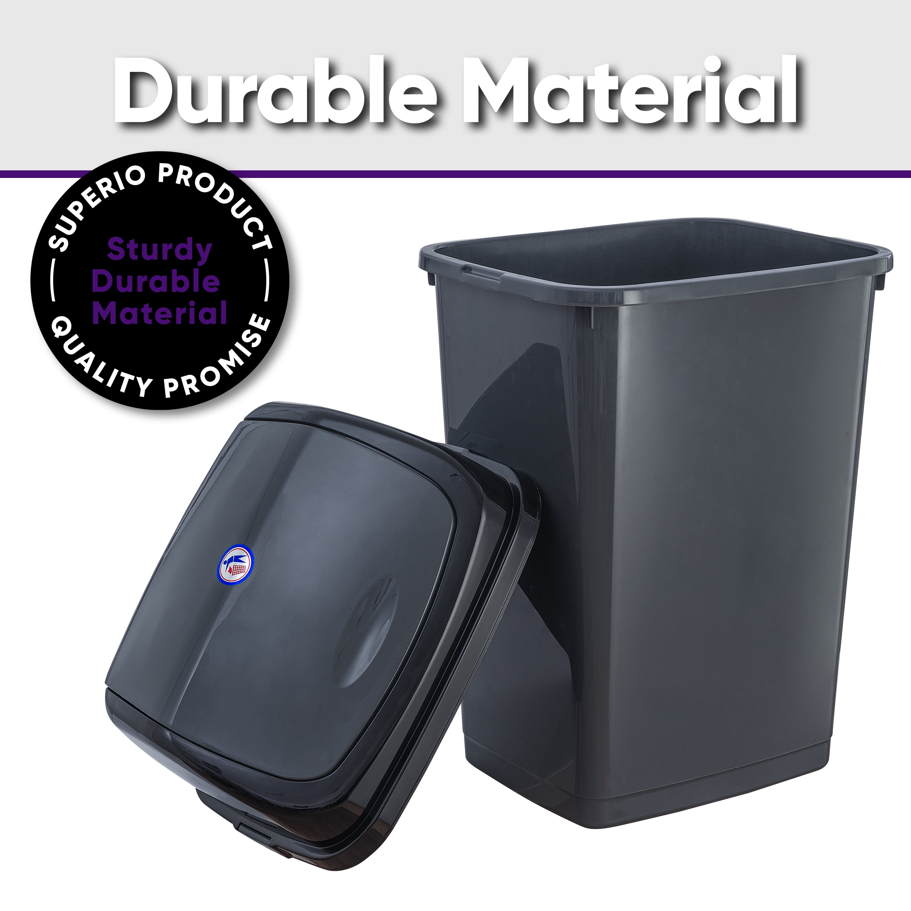 Superio 13 Gallon Plastic Swing Lid Trash Can, Grey/Black 2 Pack, Ideal for Home, Office, Garage, Patio, and Outdoor Use
