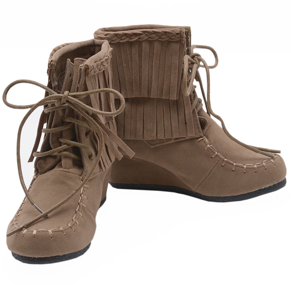 Girls Youth Round Toe Lace Up Fringe Braid Moccasin Wedge Ankle Boot New