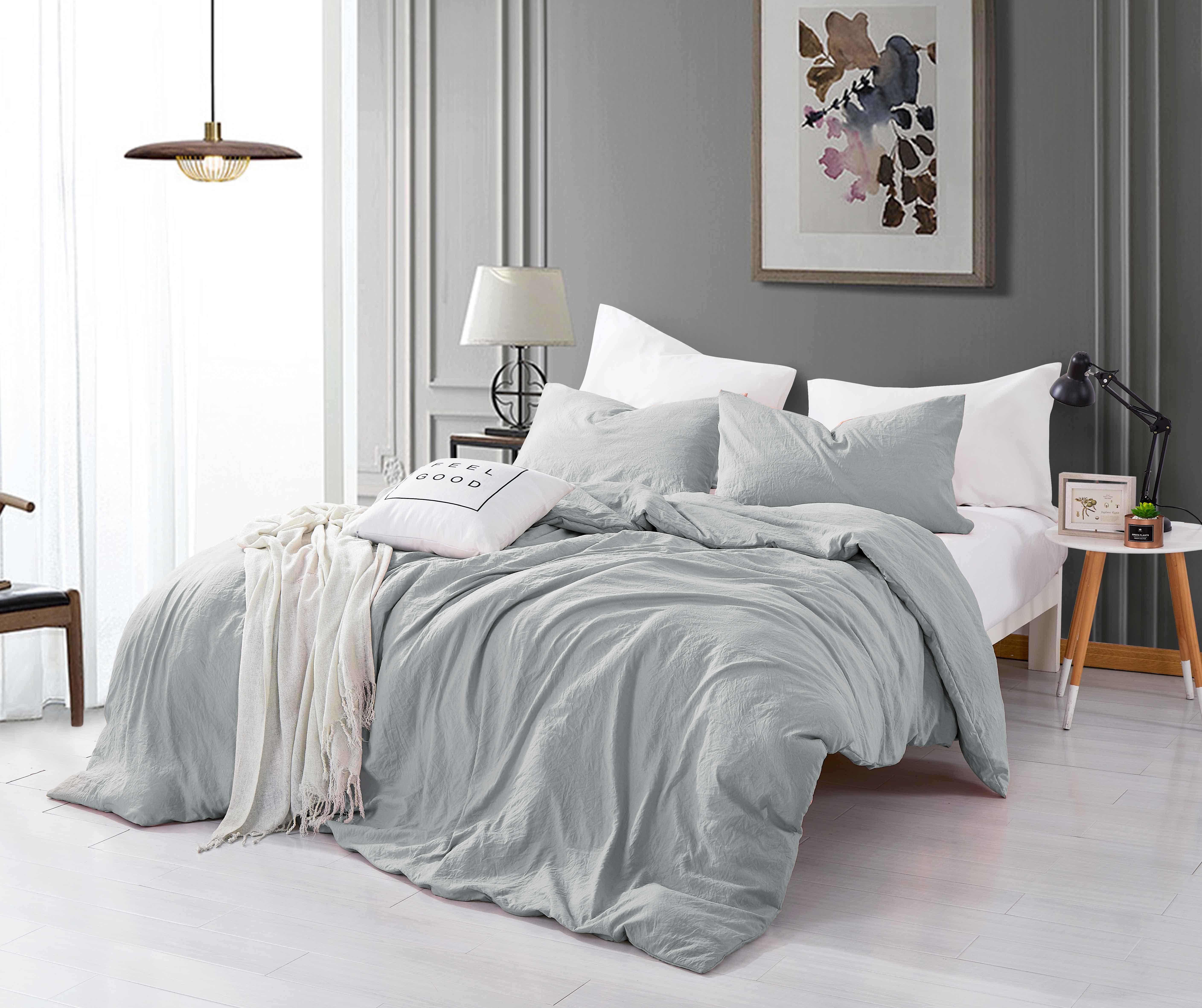 Alazuria Duvet Cover Set Soft Wrinkled Microfiber with zipper and 4 corner ties Light Grey color Queen size ( 90" x 90" )