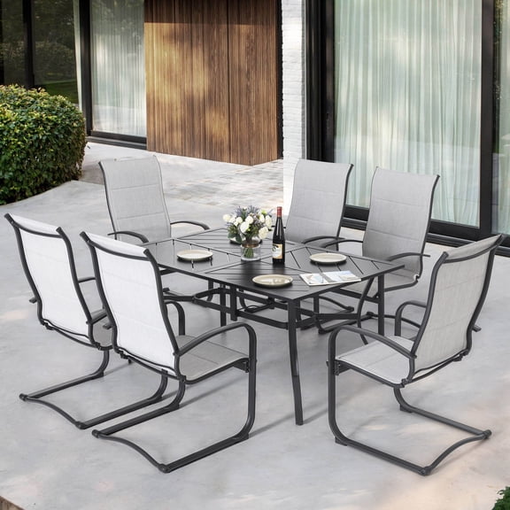 Nuu Garden Outdoor 7-Piece Breathable Textilene Dining Set with Umbrella Hole, Patio All-Weather Padded Textilene Furniture Set, Black and Gray