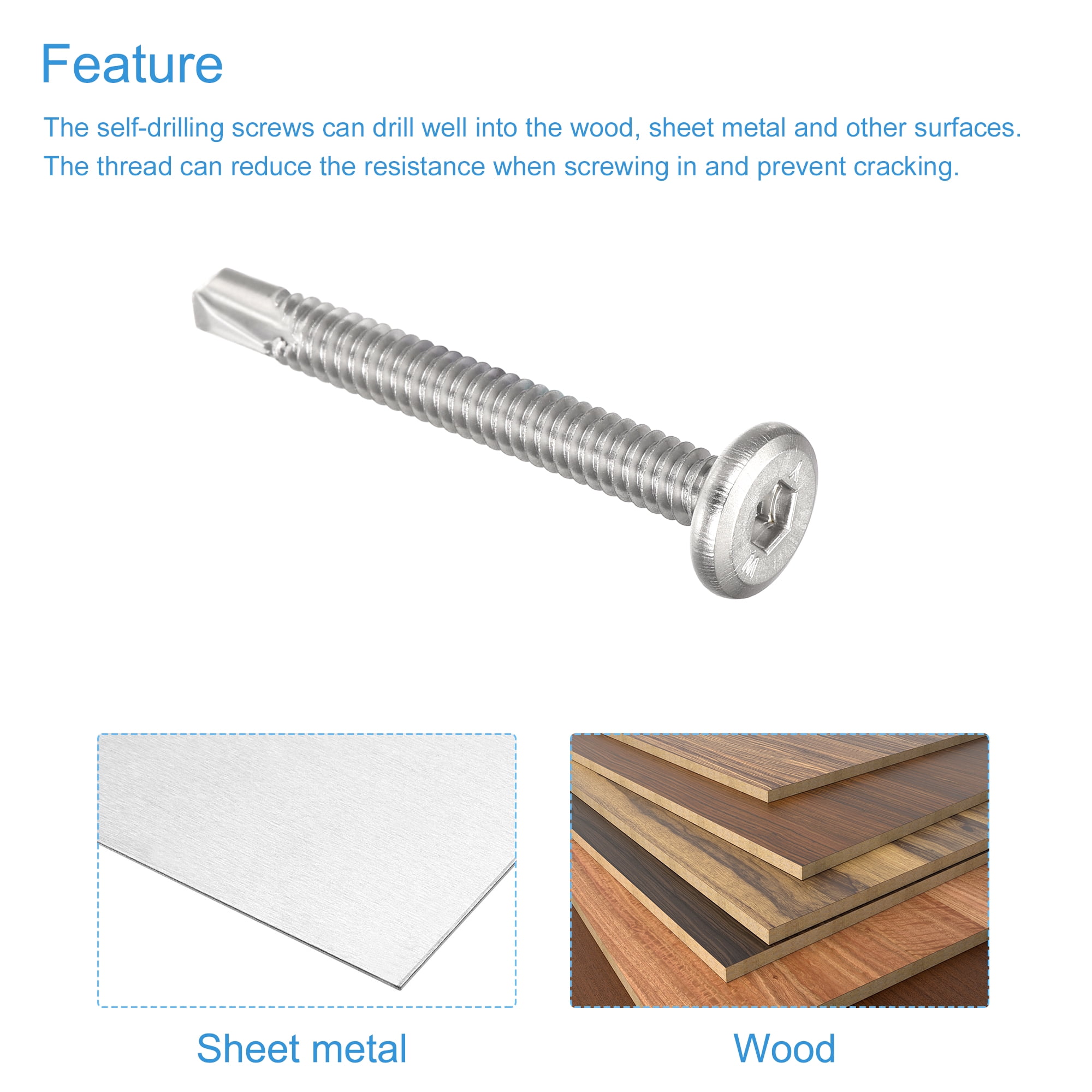 Unique Bargains Steel Sheet Metal Hex Socket Self Tapping Screws Silver 10 x 1-3/4"
