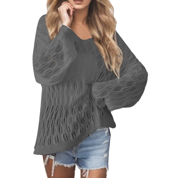 Gibobby Sueter para mujer invierno Cárdigan de ganchillo con hombros descubiertos para mujer Suéter de punto calado(Gris,M)