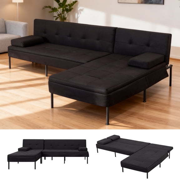 BSHTI 78.7" Polyester L-Shaped Convertible Sofa Bed with Reversible Chaise, 5-Position Backrest, Iron Frame for Living Room(Black)