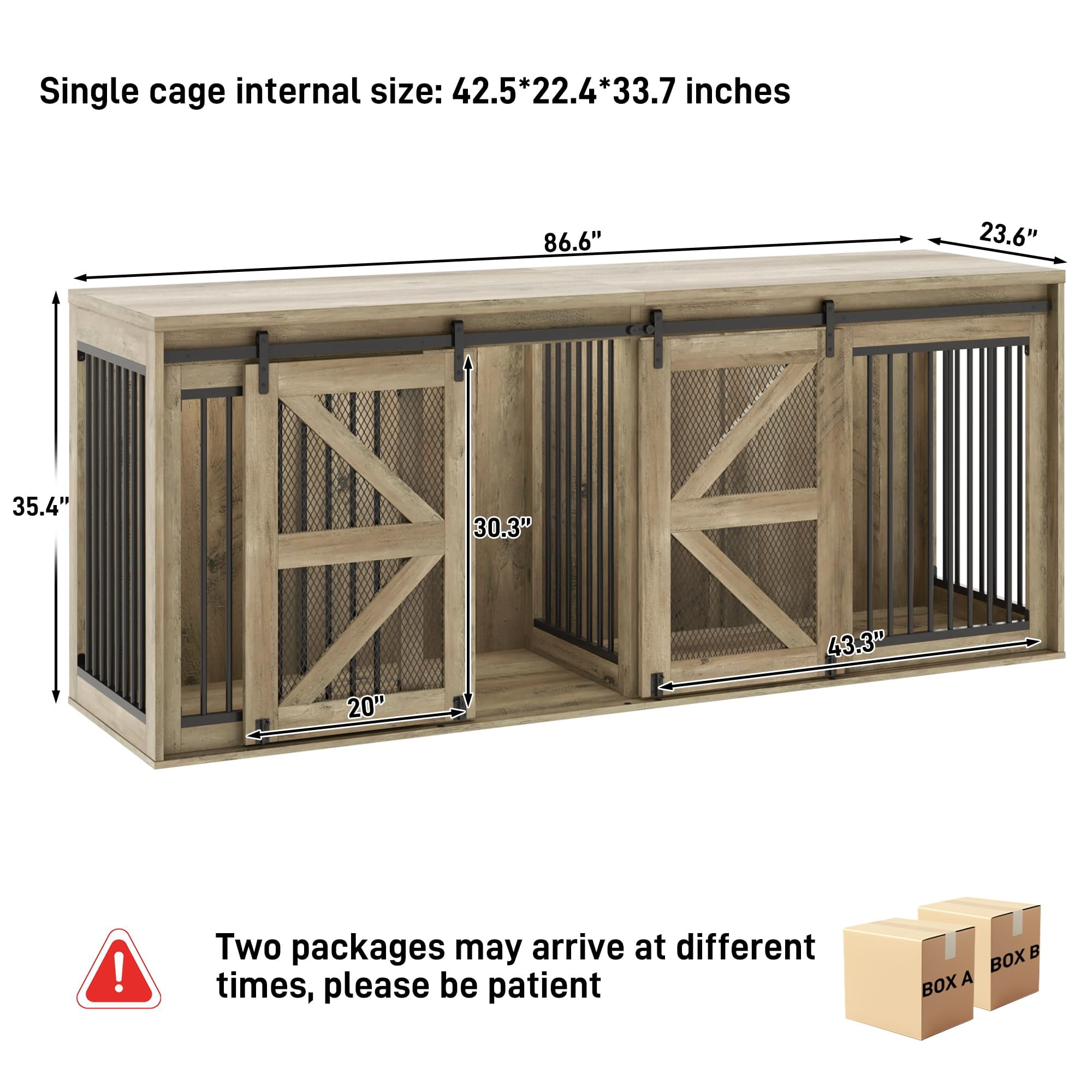 Blotout 87" Large Farmhouse Dog Crate TV Stand, Wooden Dog Crate Furniture with with Divider Panel/Sliding Metal Mesh Barn Door, XL-XXL Heavty Duty Dog Crates Furniture for 2 Medium or Large Dogs