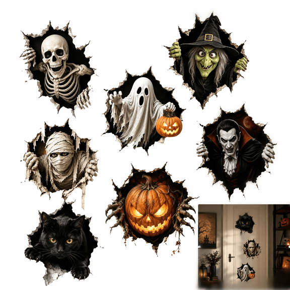 Halloween Break-in 3D Wall Decals - Horror Halloween Realistic Cracked Wall Decor, Self Adhesive Wall Stickers with 3D Illusion Effect, Spooky Home Porch Decor Indoor, Halloween Theme(Skeleton)
