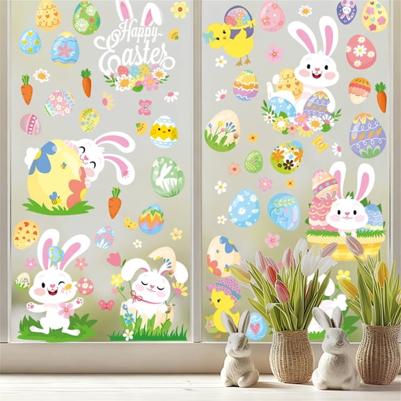 Easter Bunny Window Clings, 9 Sheets Happy Easter Window Stickers Cartoon Rabbit Egg Decals for Glass Windows for Home School Office Spring Decorations