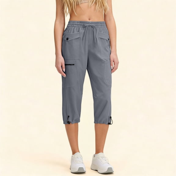 LIBRCLO Womens Capri Pants Drawstring Elastic Waist Cargo Pants with Pockets Summer Jogger Outdoor Sports Comfortable Trousers