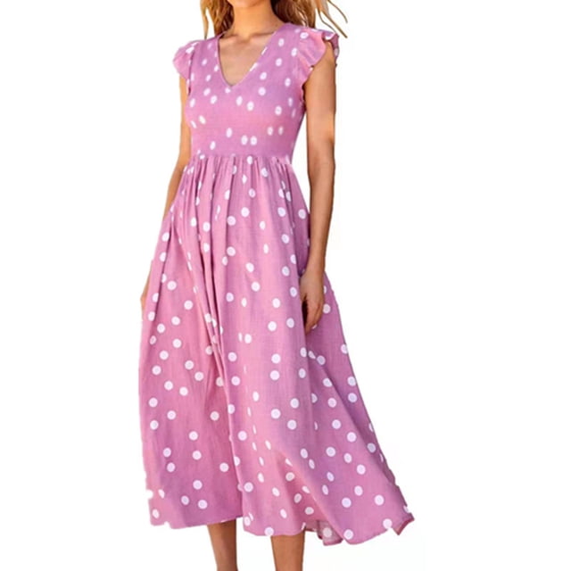 Robes Décontractées pour Femmes à Col en V à Pois à Volants Sans Manches Robe d'Été Plissée Fluide Plage Vacances Été Longue Robe