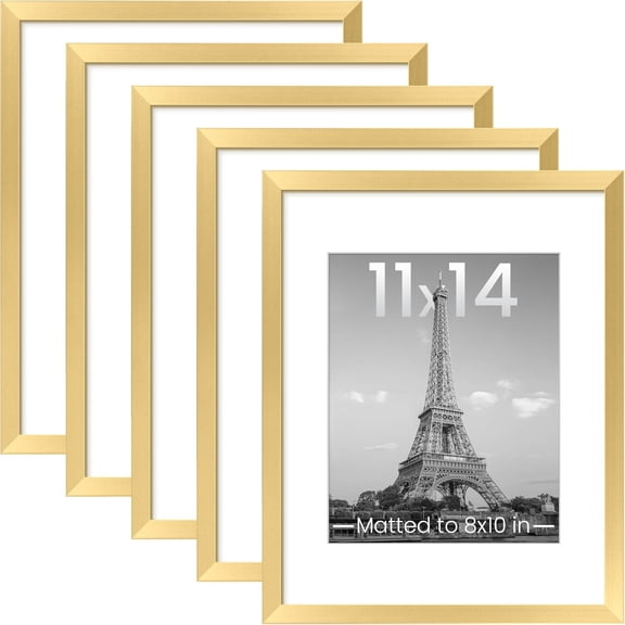 EnjinZZ 11x14 Picture Frame Set of 5, Display Pictures 8x10 with Mat or 11x14 Without Mat, Wall Gallery Photo Frames, Gold