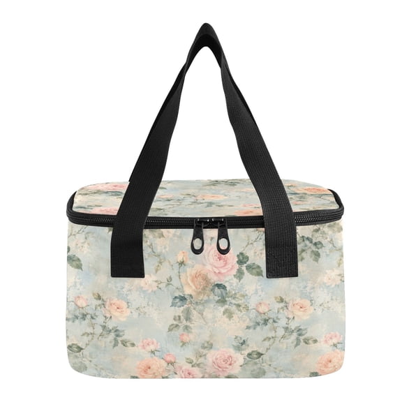 6L Insulated Lunch Bag Square Handheld Cooler Tote Distressed Rose Floral Pattern Reusable Thermal Bag with Polyester & Aluminum Lining for Work Picnic Travel