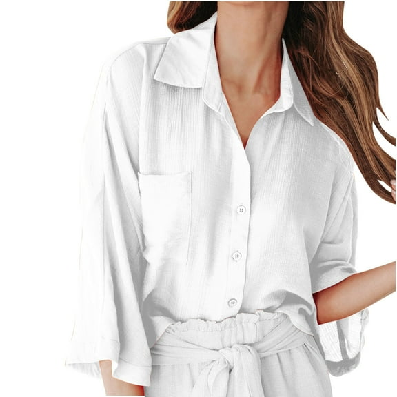 BLVB Women's Button Down Shirts 3/4 Sleeve Collared Work Top Solid Color Casual Summer Fall Chiffon Blouses Tunics White