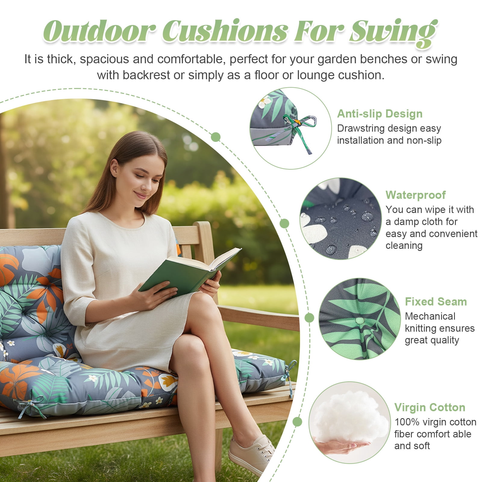 Eurhowing Outdoor Bench Cushion Waterproof, 40"x40"x4" Thick Patio Swing Chair Cushions with Ties, All-Weather High Density Foam Seat Pad for Porch Garden Furniture, Floral