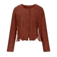 thumbnail image 4 of BUIgtTklOP Women's Temperament Leather Velvet Tassel Trim Button Placket Jacket Solid Color Long Sleeved Tassel Jacket Cardigan, 4 of 6